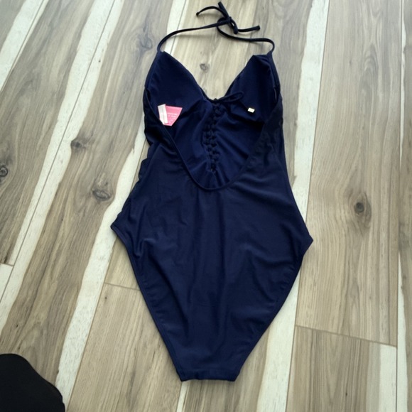 UNCOMMON SENSE LACE UP PLUNGE NAVY BLUE‎ ONE PIECE SWIMSUIT L New - Picture 2 of 4